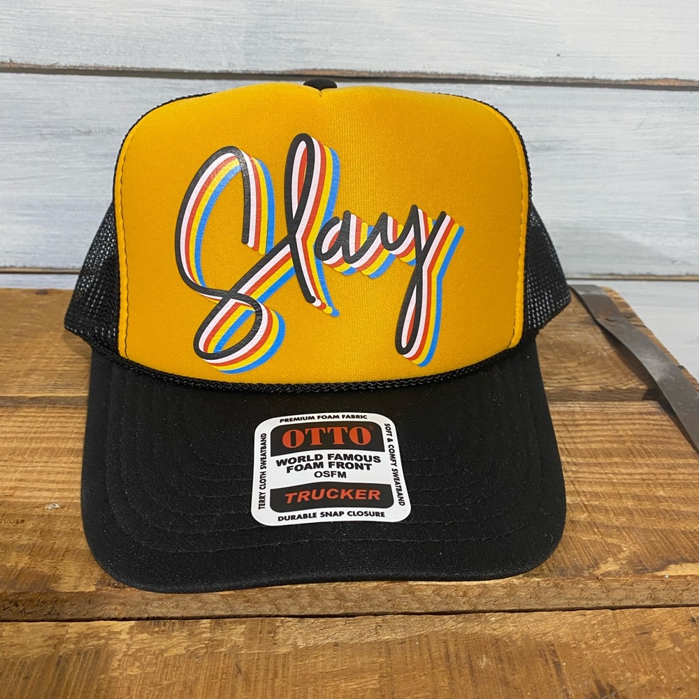 OTTO Yellow and Black Trucker Hat with “Slay” on the front